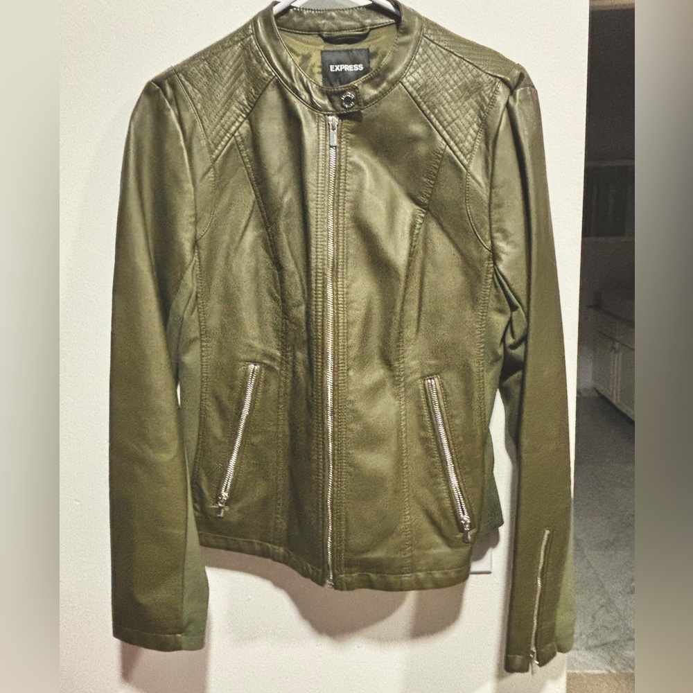 Express Olive faux leather bomber